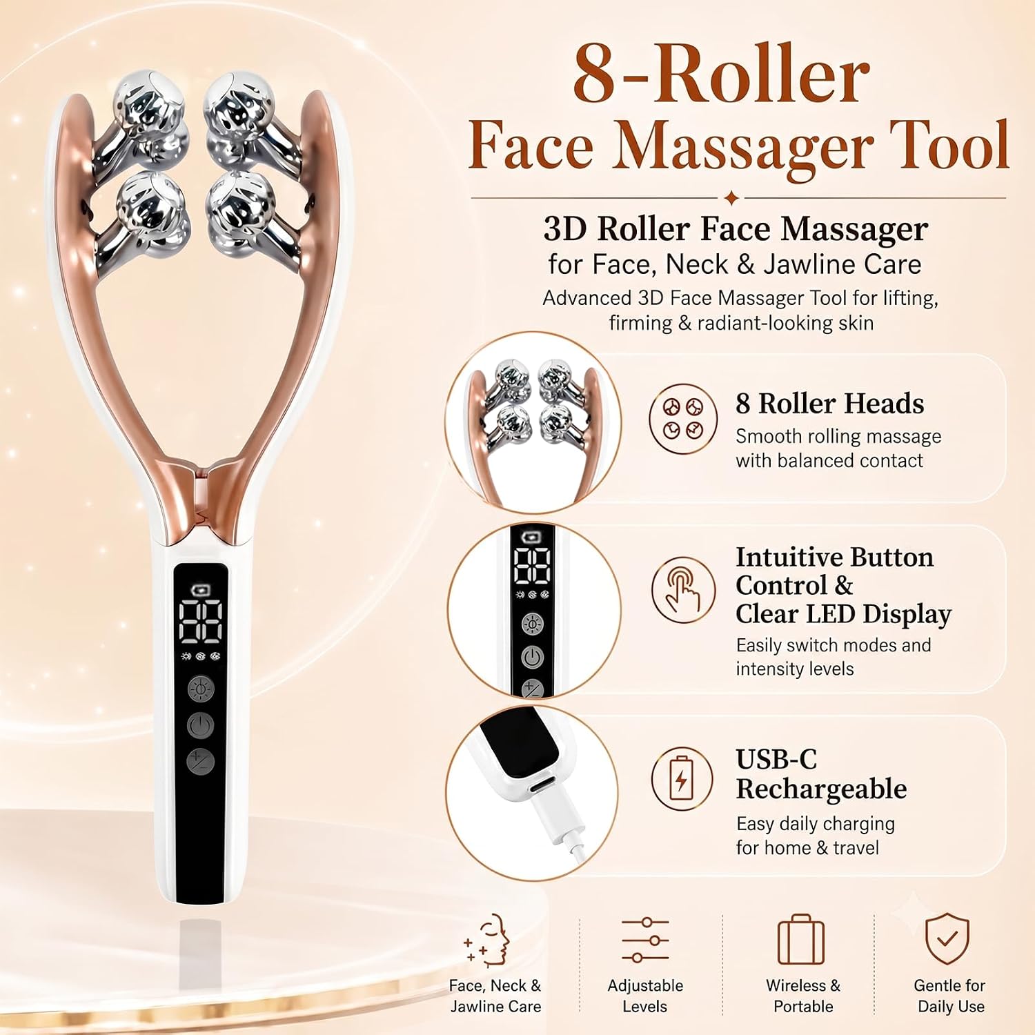 Wireless 8-Roller 3D Face Massager with LED Microcurrent EMS & V-Shape Sculpting