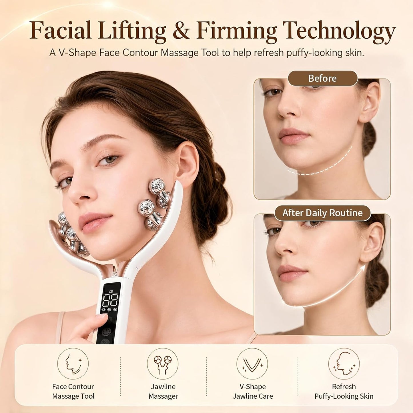 Wireless 8-Roller 3D Face Massager with LED Microcurrent EMS & V-Shape Sculpting