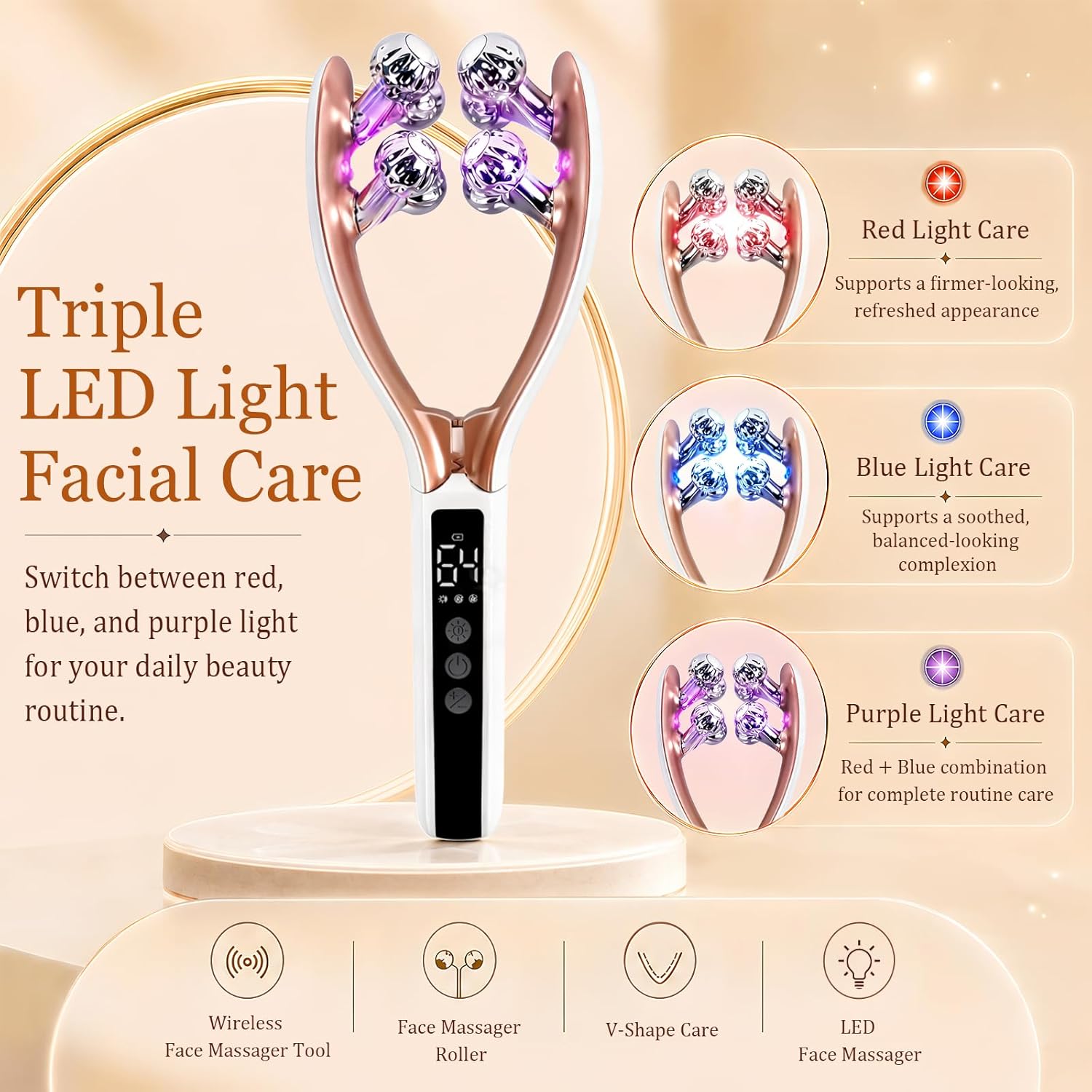 Wireless 8-Roller 3D Face Massager with LED Microcurrent EMS & V-Shape Sculpting