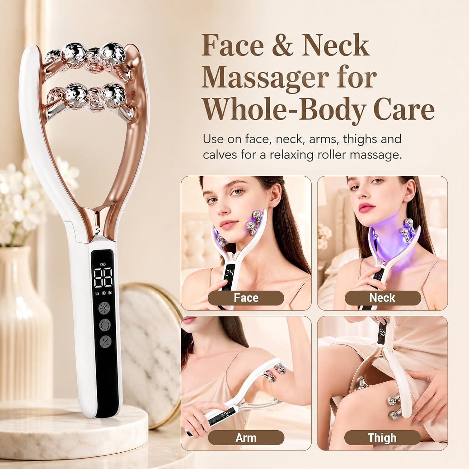 Wireless 8-Roller 3D Face Massager with LED Microcurrent EMS & V-Shape Sculpting